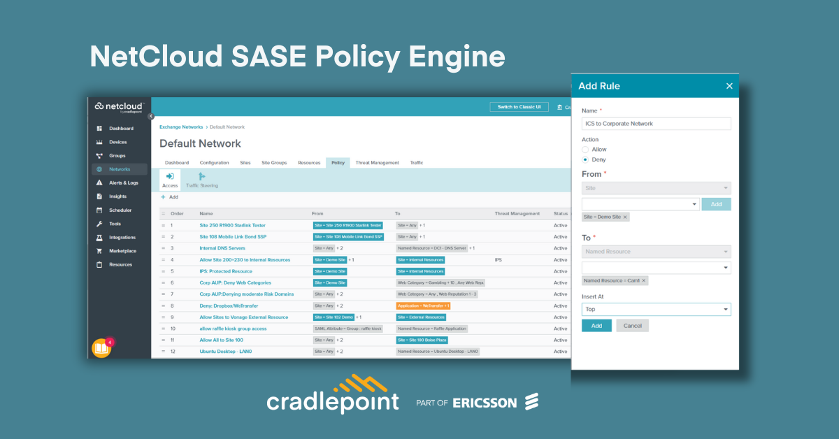 screenshots of NetCloud's SASE policy engine on a desktop